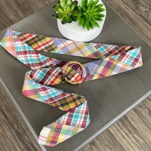 J. Crew Madras Plaid Patchwork Fabric Belt Gold Buckle